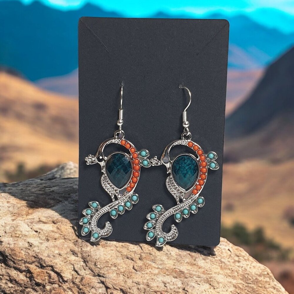 Peacock Silver Tone Hook Dangle Earrings Teal Turquoise Orange Costume Handmade